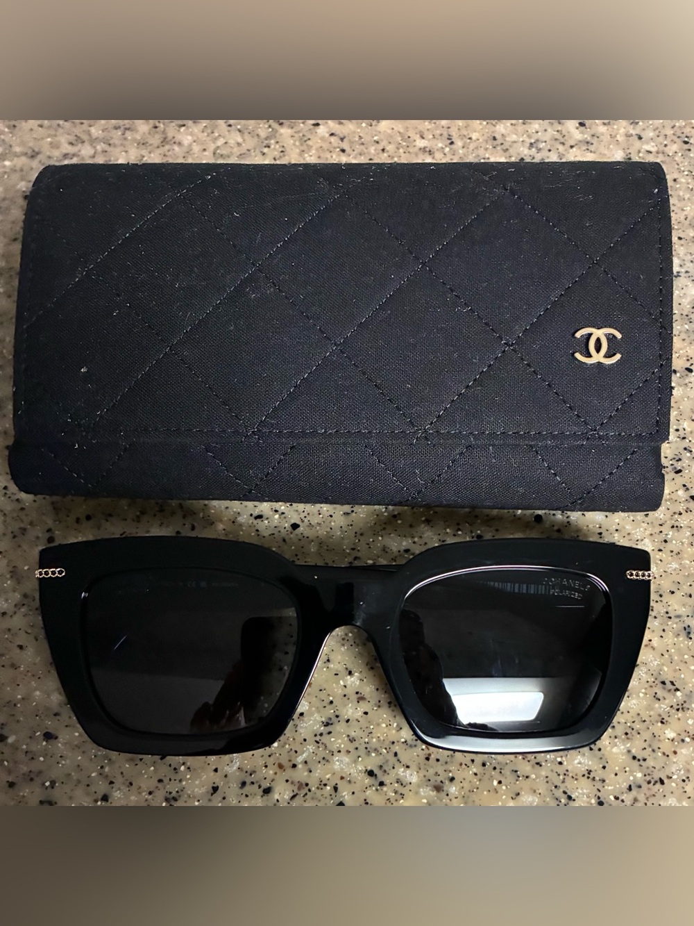 Like New CHANEL Black Square Sunglasses with Quilted Logo Case and Box
